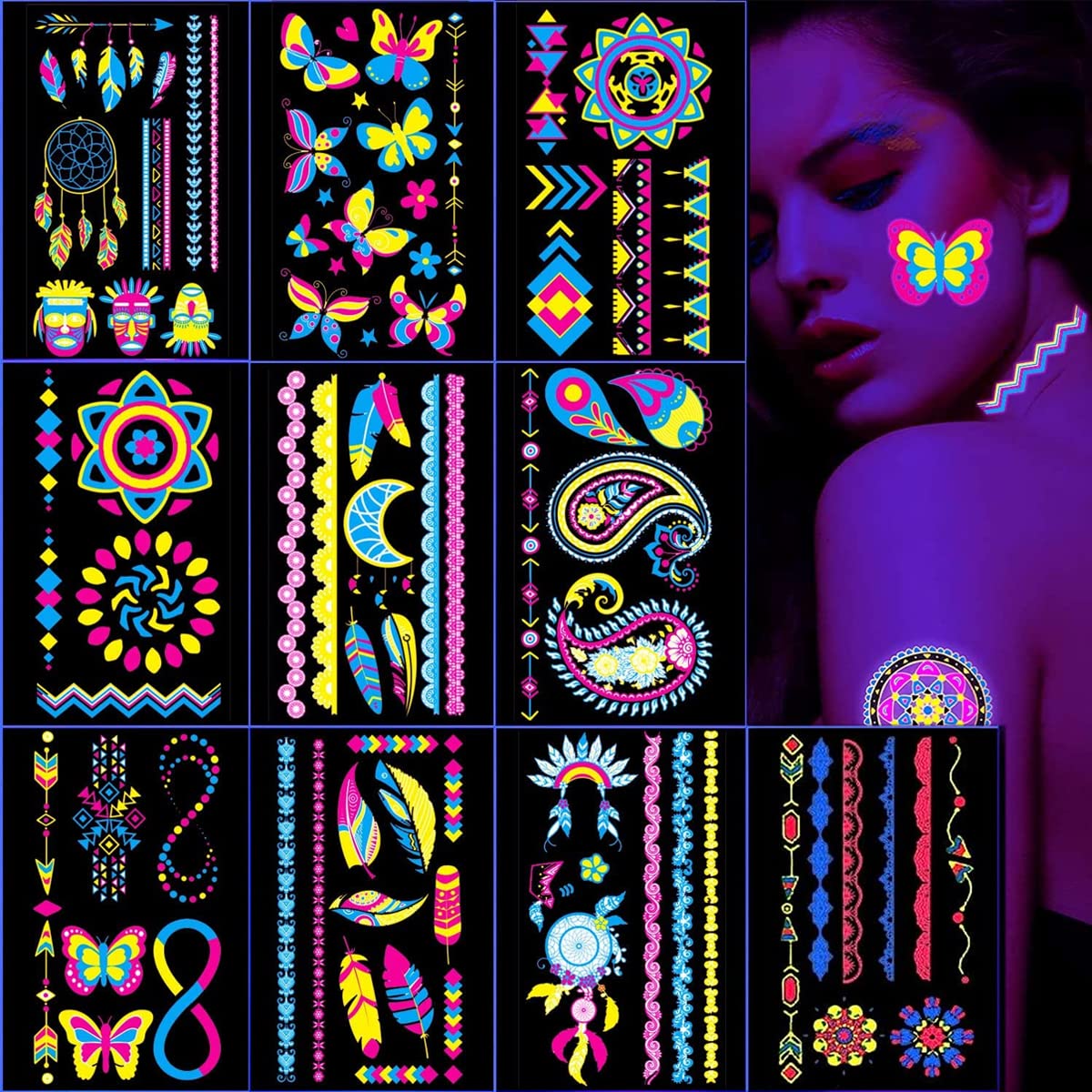 MAYCREATE 10 Sheets Temporary Tattoo Stickers Night Glow in the Dark Sticker, 80+ Styles Waterproof UV Neon Stickers, Body Face Fake Tattoos for Women Men Kids Rave Festival Party MAYCREATE 10 Sheets Temporary Tattoo Stickers Night Glow in the Dark Sticker, 80+ Styles Waterproof UV Neon Stickers, Body Face Fake Tattoos for Women Men Kids Rave Festival Party